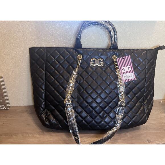 NWT Gilda Paris Quilted Large Black Tote Bag – Gold Chain Straps Oversized Tote - Picture 2 of 4